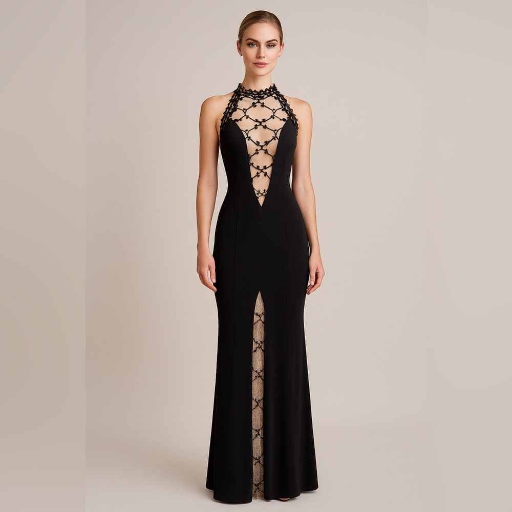 Vintage Janine London Black Evening Dress Sheer Illusion Mesh Panel Elegance